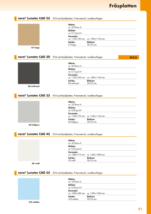 Fräsmaterial Lunatec CAD | nora Sortiment 2021/2022